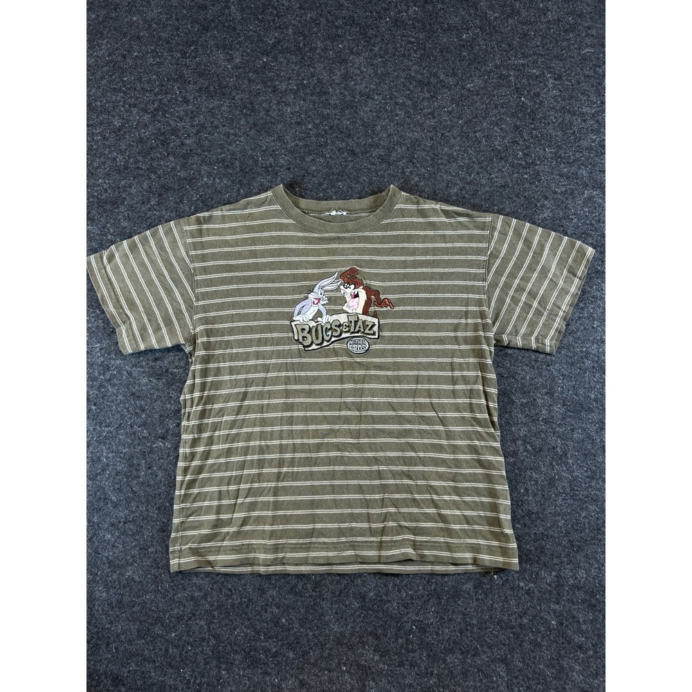 Vintage 90s Warner Bros Bugs Bunny Taz Striped T-Shirt Kids Medium Olive Green